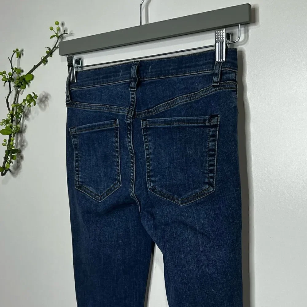 Free People Button Fly Raw Edge Hem Distressed Jeans